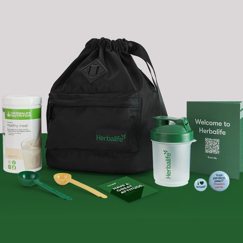 Pacco di adesione Herbalife: zainetto, Formula 1 vaniglia, shaker, misurini e guida di benvenuto