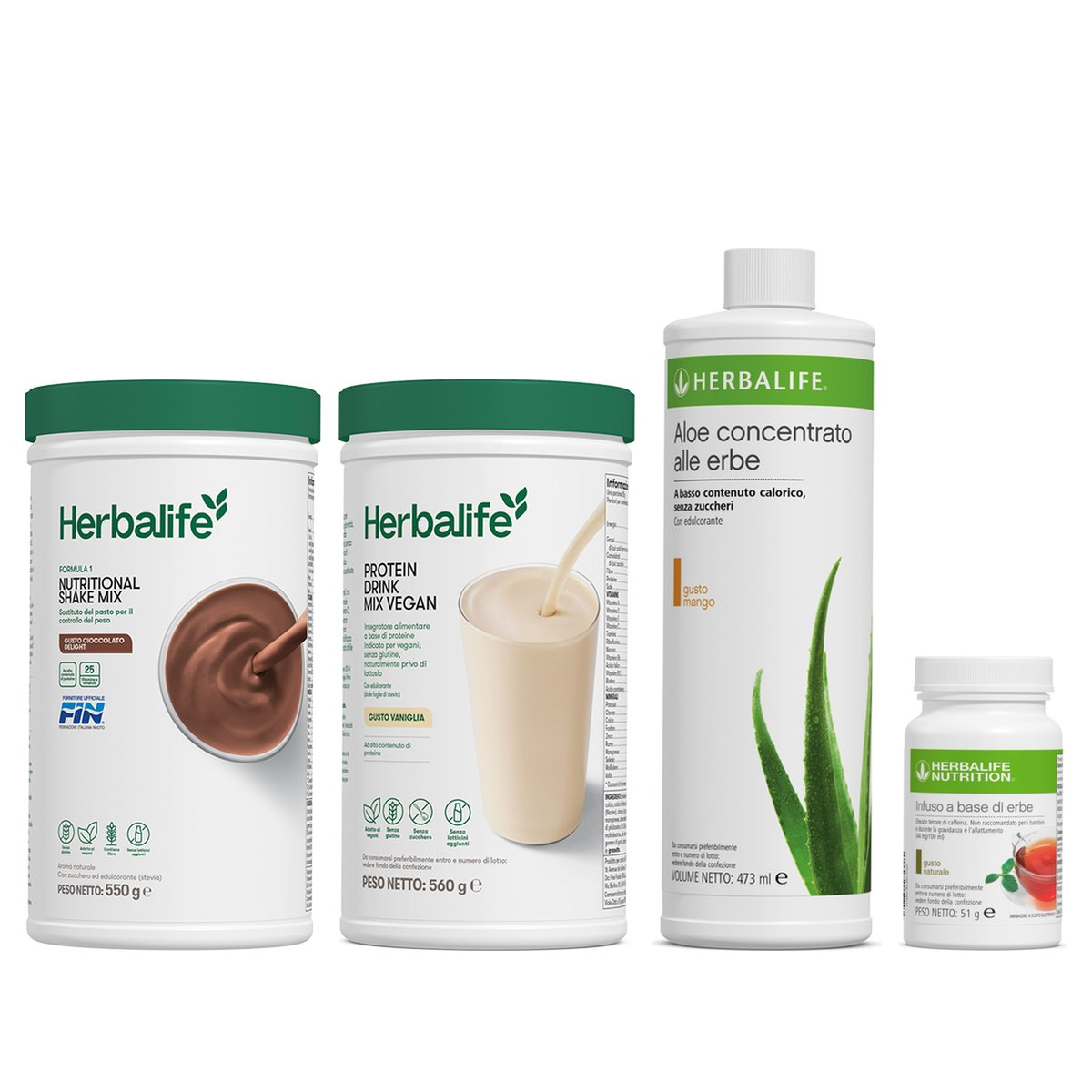 Kit Colazione Plus Herbalife con Formula 1, Protein Drink Mix Vegan, Aloe concentrato alle erbe e Infuso a base di erbe